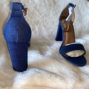 Blue denim, approx. 3.75” inch block heels, single ankle strap.